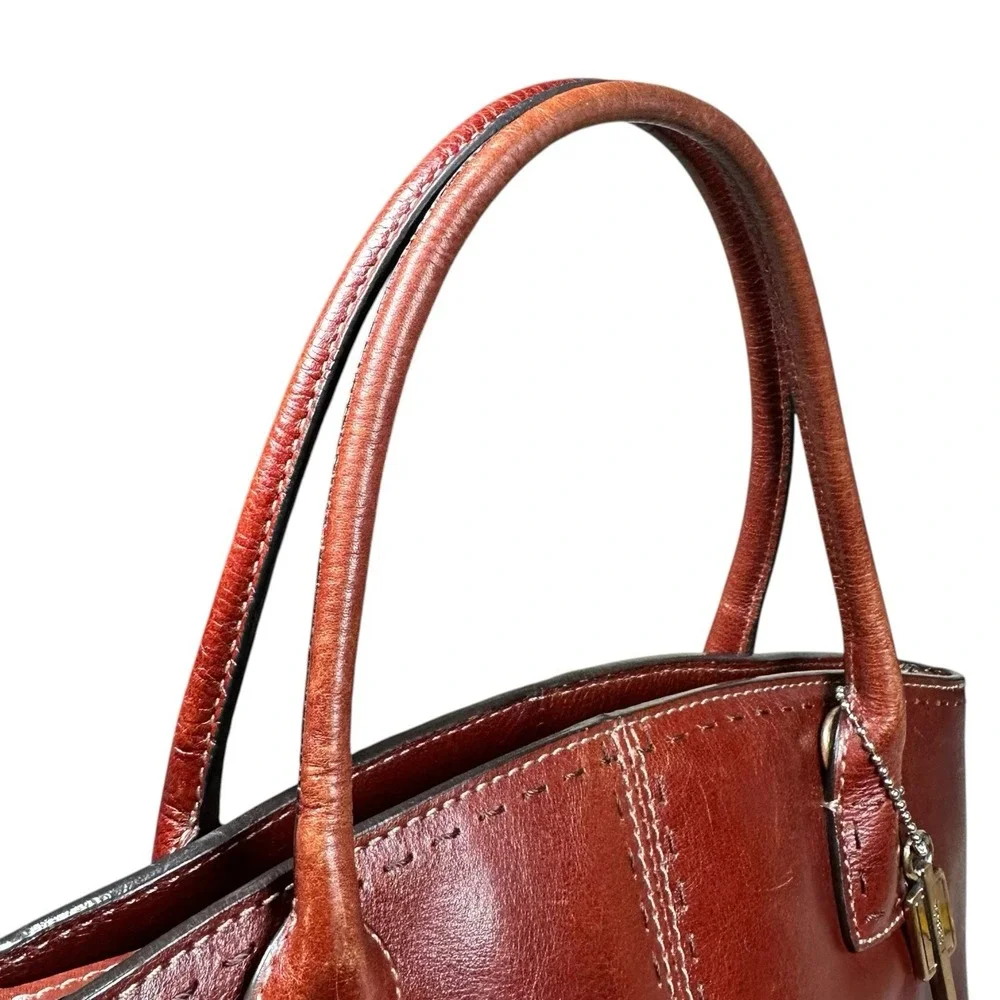 Vintage Fossil Cognac Leather Satchel Double Handle Bag Classic Y2K Key Charm - Picture 7 of 15
